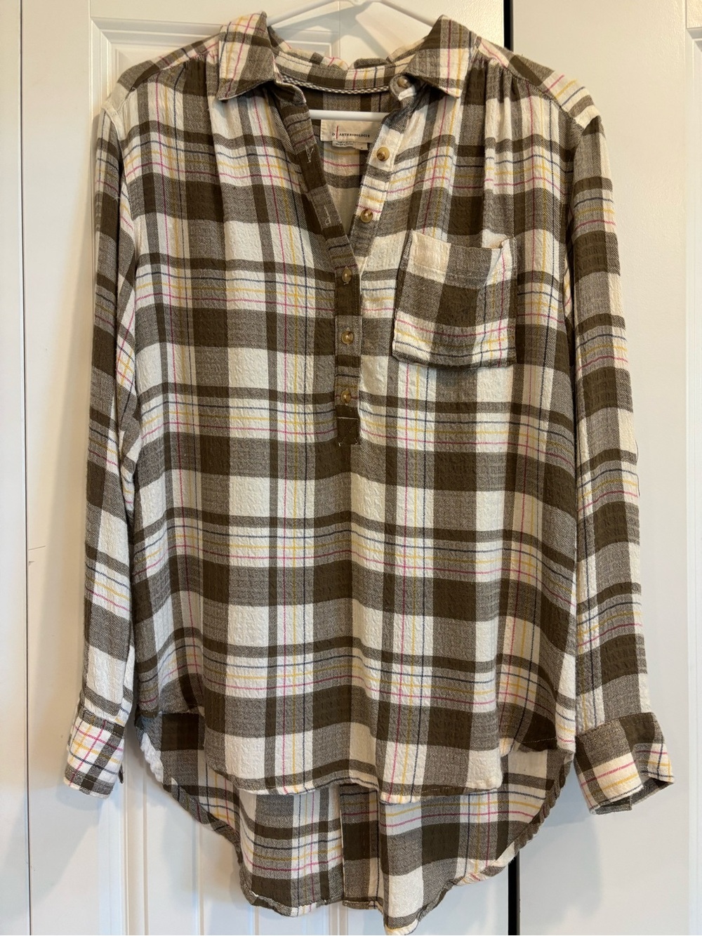 Anthropologie Olive & Cream Plaid Henley Shirt with Pink & Yellow Accents